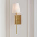 An angled view of a modern brushed steel flush mount light.