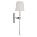 An angled view of a modern polished nickel flush mount light.