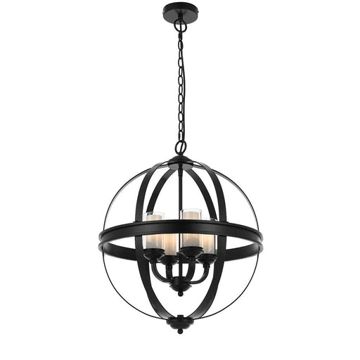 Black four-light linear pendant with cylindrical clear glass shades.