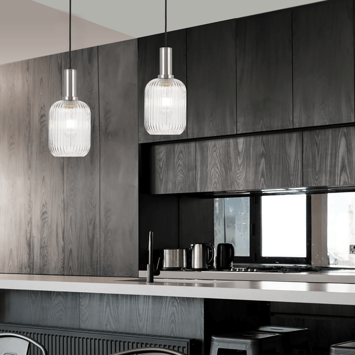 Nickel 14-light pendant with spherical frosted shades, angled view.