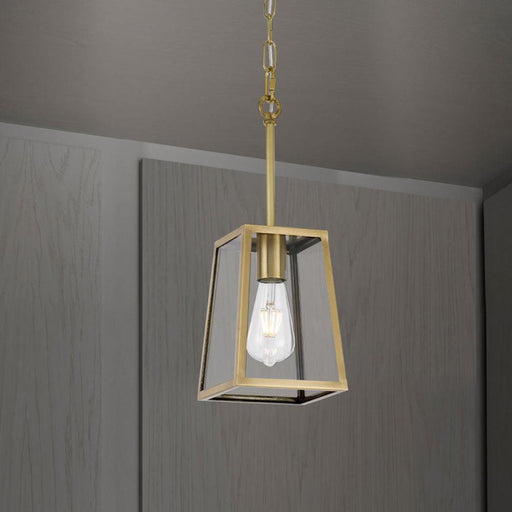 Aged bronze 15-light linear pendant with decorative cages and clear seeded glass panels, illuminated.