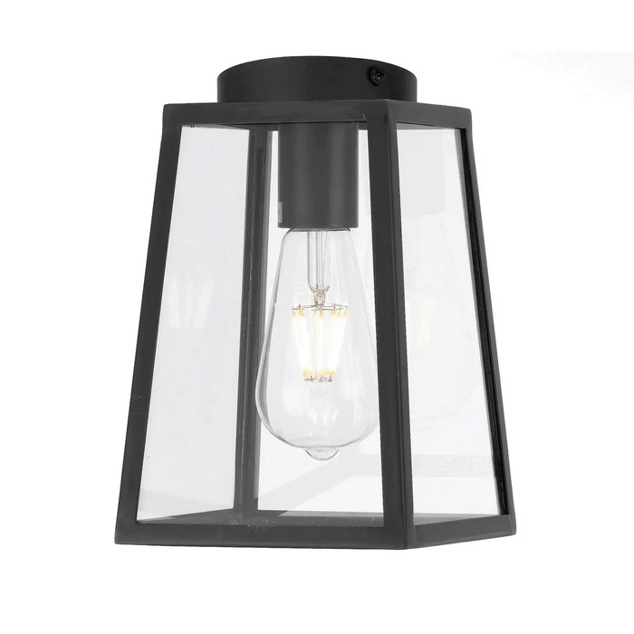 Black 15-light linear pendant with decorative cages and clear seeded glass panels.