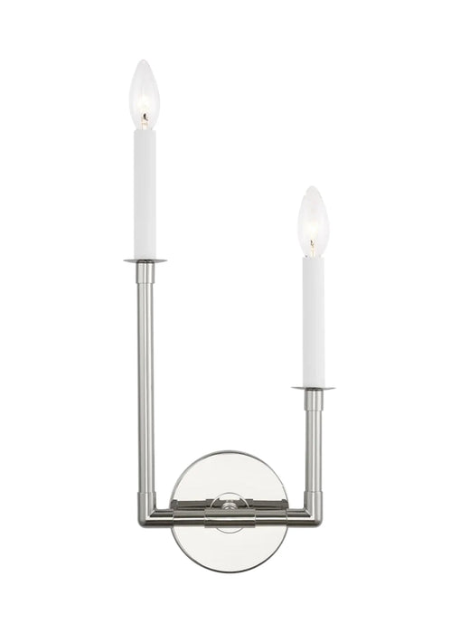 A modern ceiling fan with five polished nickel blades and a central light kit.
