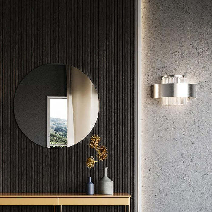 Large, modern wall sconce with a rectangular, metallic frame, side view.