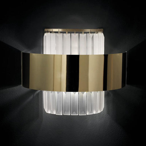 Large, modern wall sconce with a rectangular, metallic frame, angled view.
