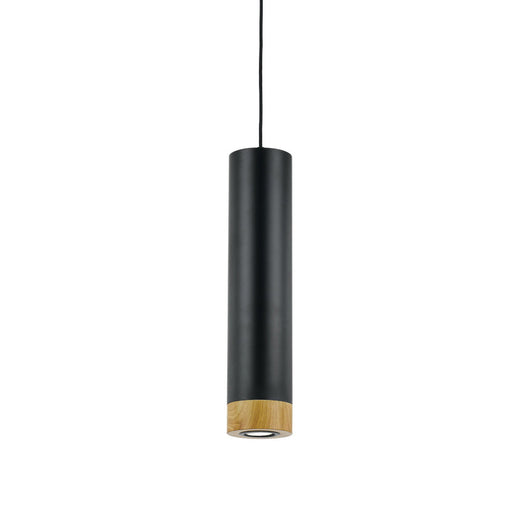 A modern ceiling fan with three black oak blades and a sleek minimalist design.