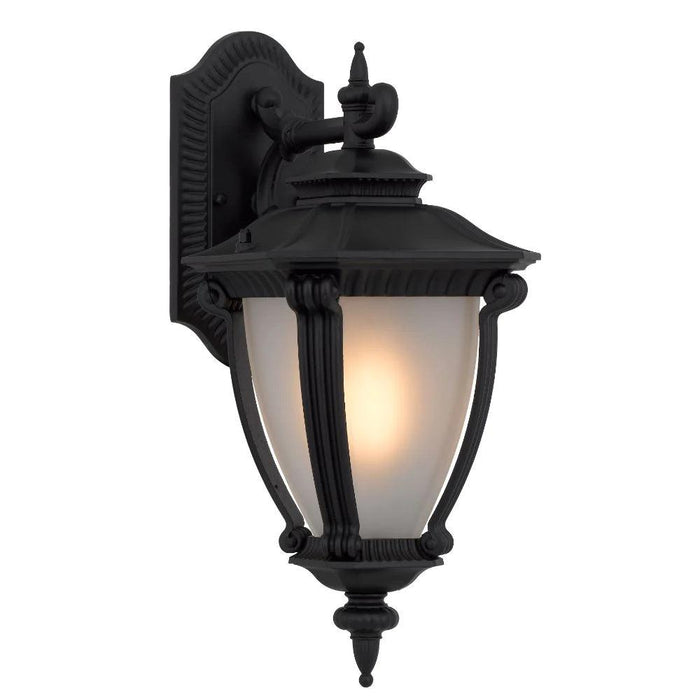 Black outdoor wall sconce with a modern, curved design and diffused light.