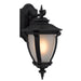 Black outdoor wall sconce with a modern, curved design and diffused light.