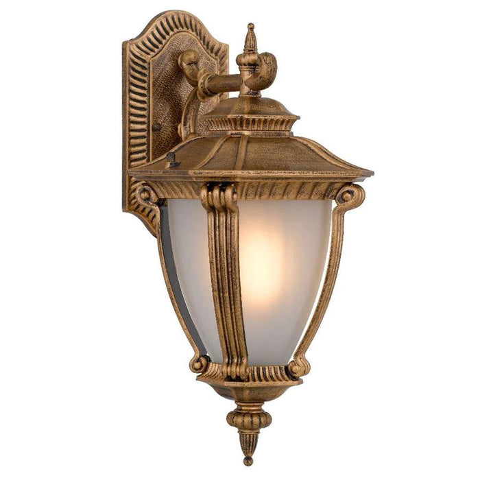 Gold outdoor wall sconce with a modern, curved design and diffused light.