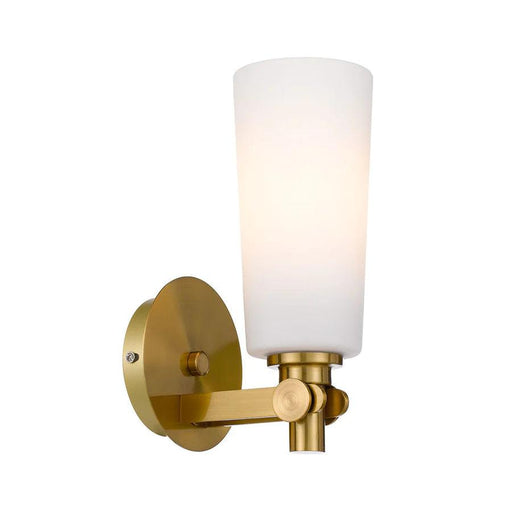 Aged gold outdoor wall sconce with a rectangular shape and an opal glass panel.