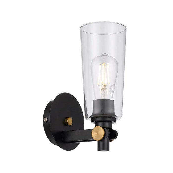 Black outdoor wall sconce with a rectangular shape and a clear glass panel.