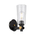 Black outdoor wall sconce with a rectangular shape and a clear glass panel.