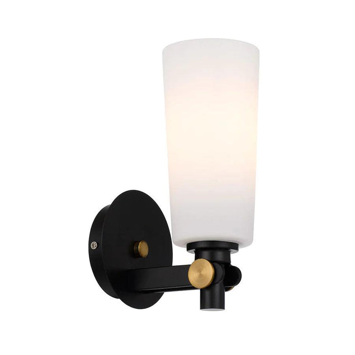Black outdoor wall sconce with a rectangular shape and an opal glass panel.