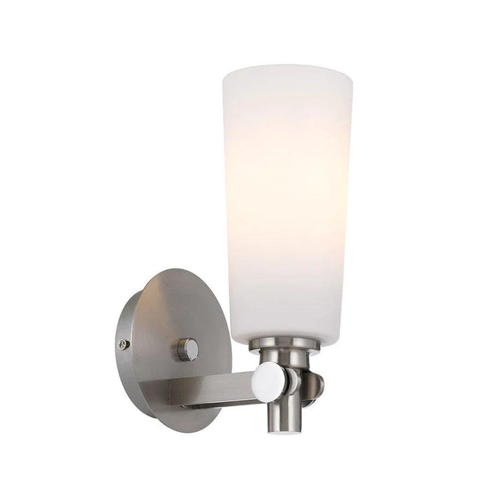 Nickel outdoor wall sconce with a rectangular shape and an opal glass panel.