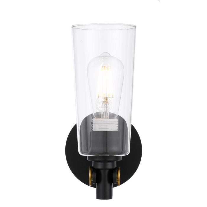 Black outdoor wall sconce with a clear glass panel, side view.