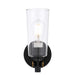 Black outdoor wall sconce with a clear glass panel, side view.