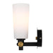 Black outdoor wall sconce with an opal glass panel, side view.