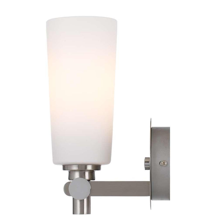 Nickel outdoor wall sconce with an opal glass panel, side view.