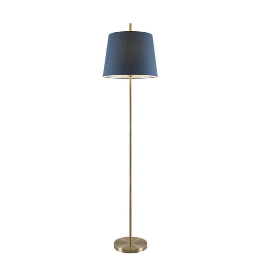 Blue and aged bronze floor lamp with a cylindrical base and a spherical glass shade.