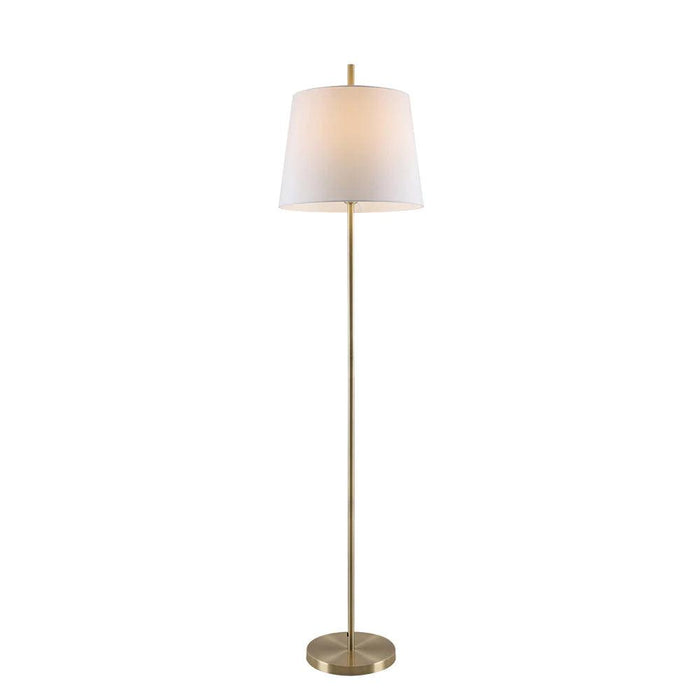 White and aged bronze floor lamp with a cylindrical base and a spherical glass shade.