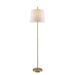 White and aged bronze floor lamp with a cylindrical base and a spherical glass shade.