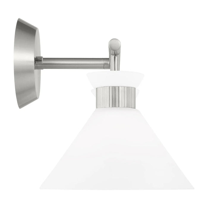 A brushed steel circular flush mount ceiling light with a white diffuser.