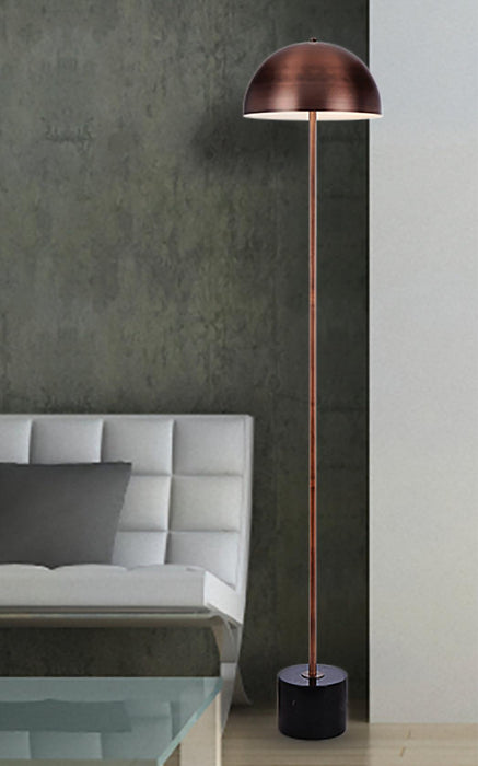 Black floor lamp with a dome-shaped shade and a bronze base, cropped view.
