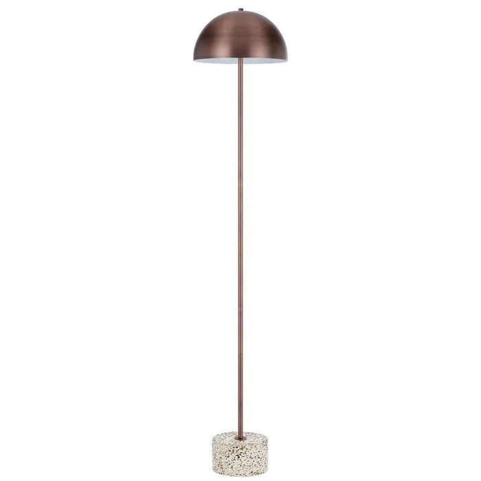 White floor lamp with a dome-shaped shade and a white terrazzo base with bronze flecks.