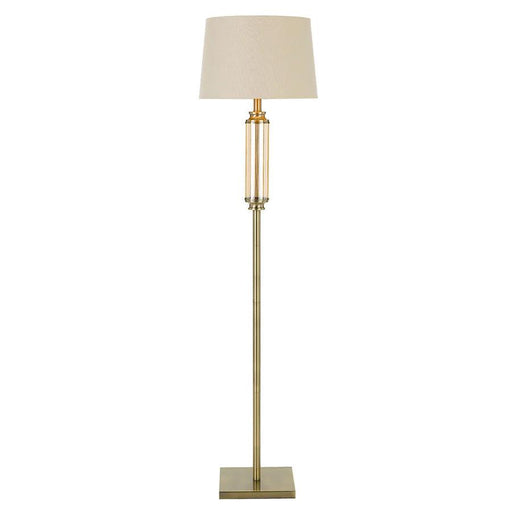 Aged bronze floor lamp with a rectangular shade and an amber glass diffuser.