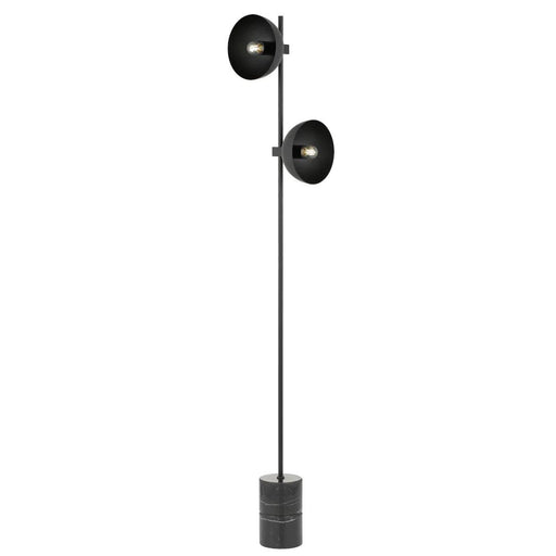 Black floor lamp with a rectangular base and a spherical glass shade.