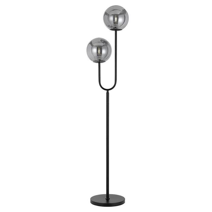 Black floor lamp with a rectangular base and a clear, rectangular light panel.