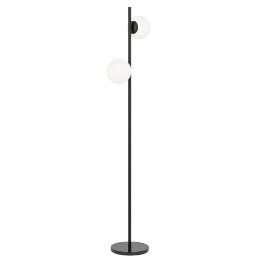 Black floor lamp with a cylindrical base and a spherical glass shade.
