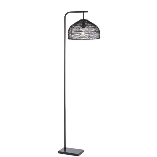 Black floor lamp with a black cylindrical base and a spherical glass shade.