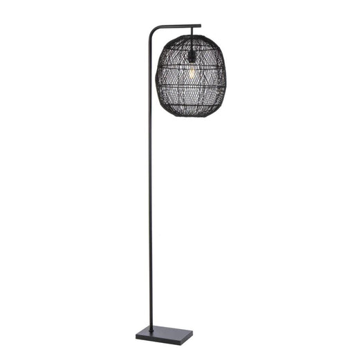 Black floor lamp with a black cylindrical base and a spherical glass shade.