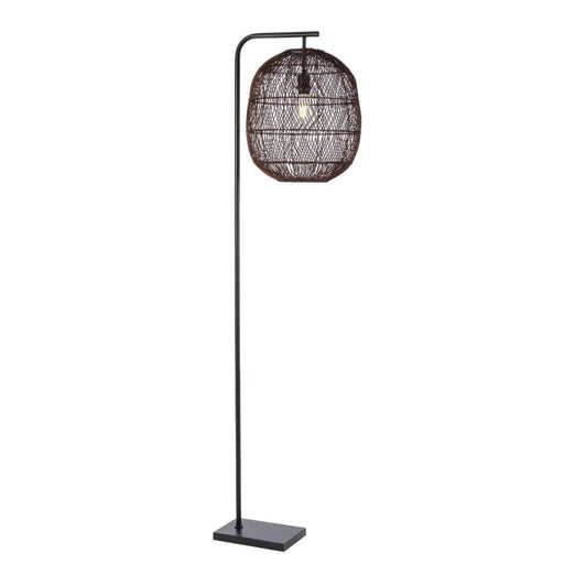 Black and brown floor lamp with a black cylindrical base and a spherical glass shade.