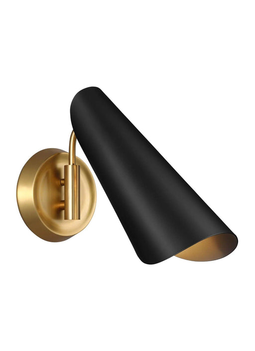 Distressed black and matte black modern wall light, angled view.