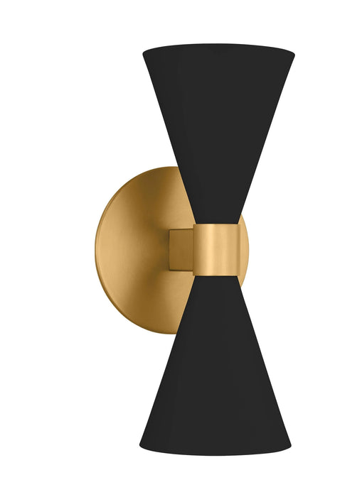 An angled view of a modern matte black circular flush mount light.