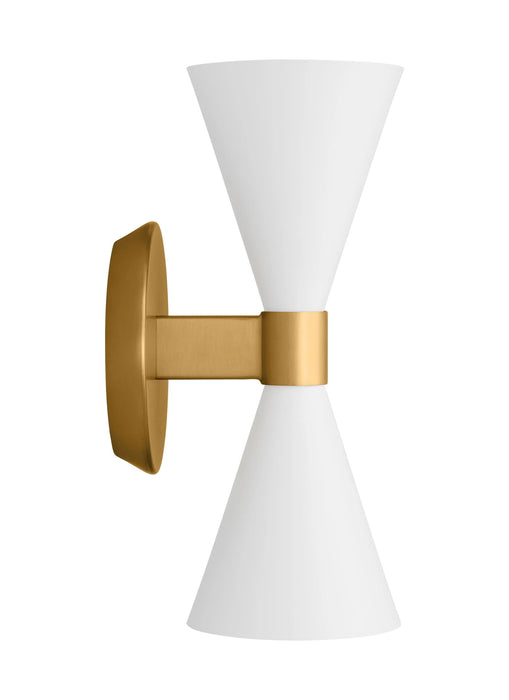 An angled view of a modern matte white circular flush mount light.