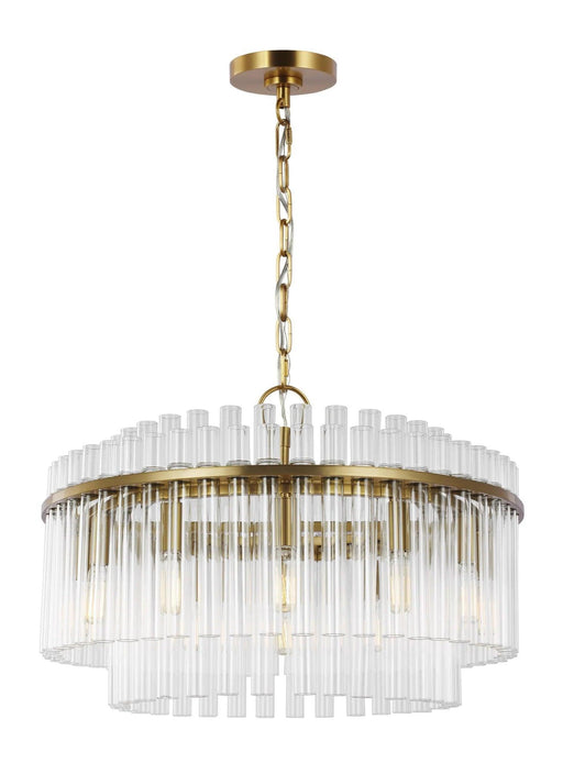 Distressed black and brass modern ceiling light with 12 spherical glass shades, angled view.