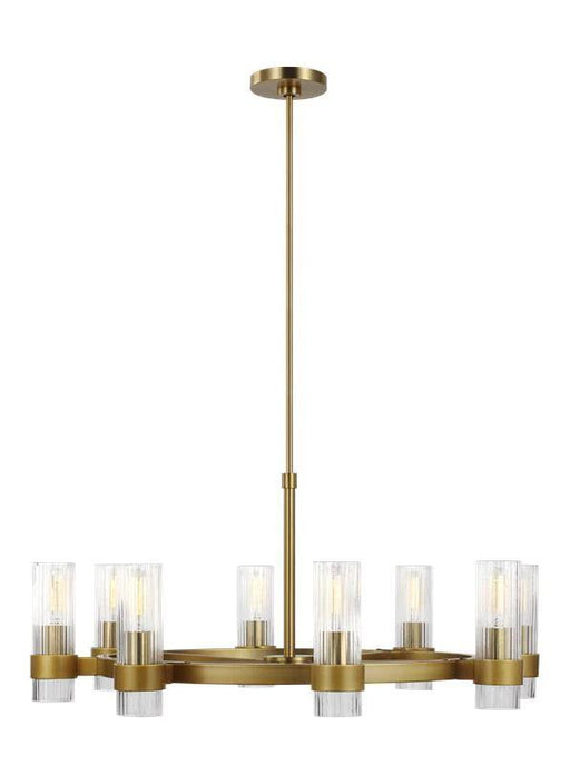Distressed black and brass modern ceiling light with eight spherical glass shades.