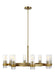 Distressed black and brass modern ceiling light with eight spherical glass shades.