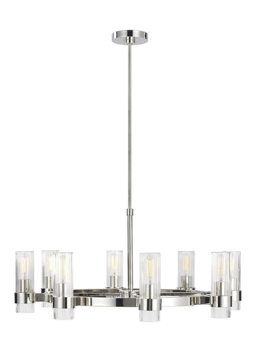 Polished nickel modern ceiling light with eight spherical glass shades.