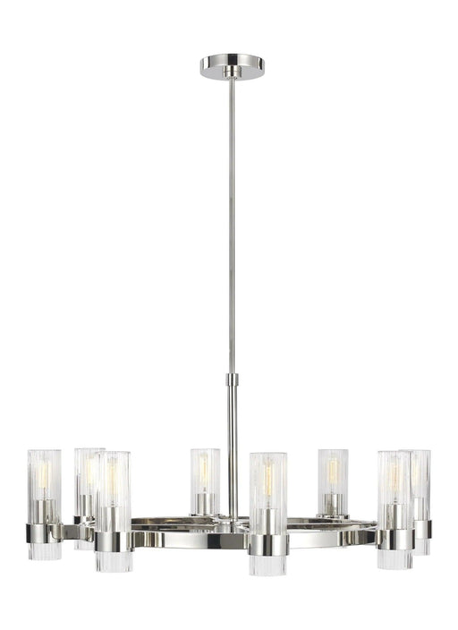Polished nickel modern ceiling light with eight spherical glass shades.
