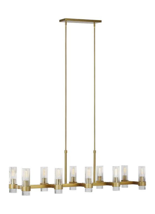 Distressed black and brass modern ceiling light with ten spherical glass shades.