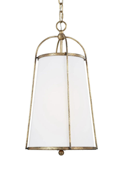 Aged distressed brass modern pendant light with a shallow bowl shade, angled view.
