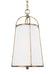 Aged distressed brass modern pendant light with a shallow bowl shade, angled view.