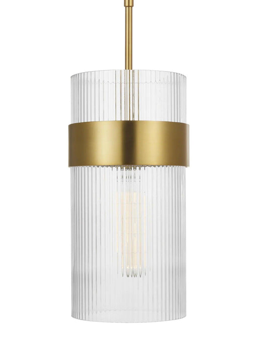 Distressed black and brass modern pendant light with a wide flat shade, angled view.