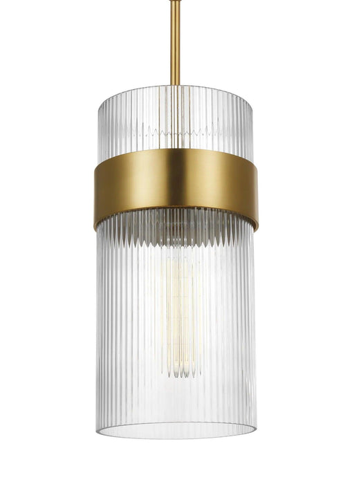 Distressed black and brass modern pendant light with a wide flat shade, side view.