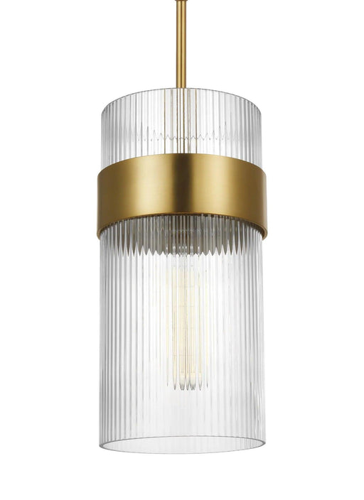 Distressed black and brass modern pendant light with a wide flat shade, side view.