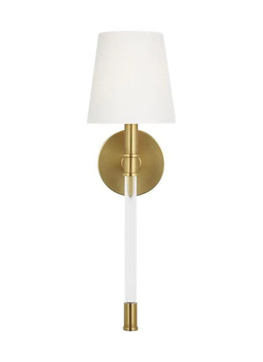 Distressed black and brass modern wall light with a spherical shade.
